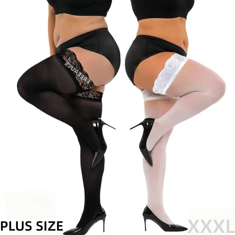 Two pairs of plus-size stockings, one black and one beige, worn with high heels on a white background.