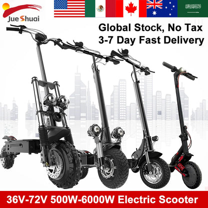 Electric scooters with a cityscape background and promotional text about global stock and fast delivery.
