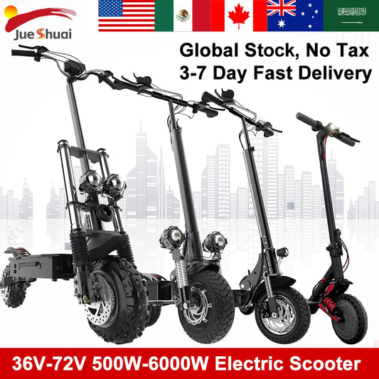 Electric scooters with a cityscape background and promotional text about global stock and fast delivery.