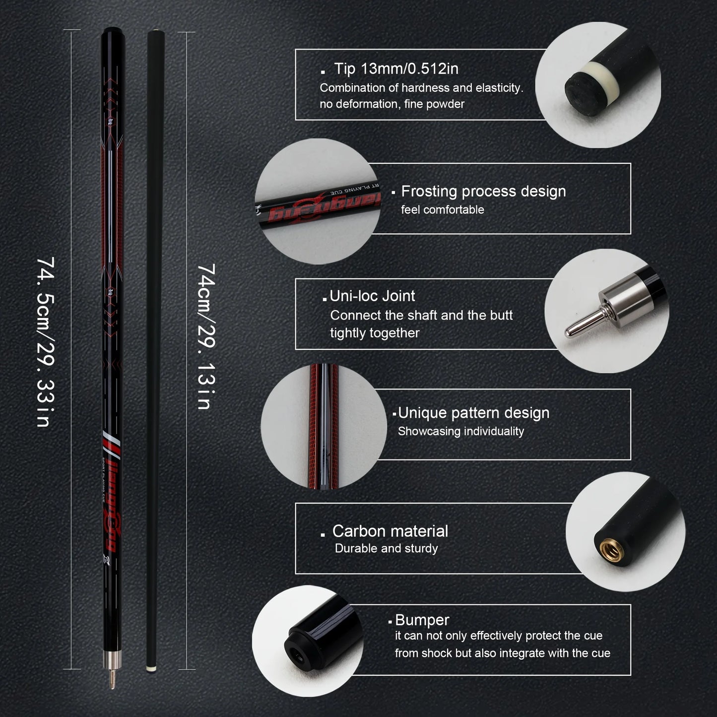 Premium carbon fiber pool cue for snooker and American 9-ball game, with a red monster design, smooth grip, 13mm tip and 148cm
