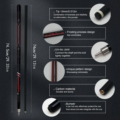 Premium carbon fiber pool cue for snooker and American 9-ball game, with a red monster design, smooth grip, 13mm tip and 148cm