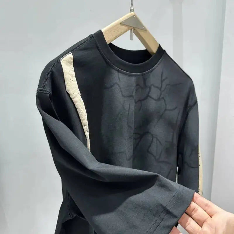 Einzigartiges Design Trendy Punk T-Shirt Damen Farbkontrast Baumwolle Rissmuster Beflockung Print Lose Shirts HK8466
