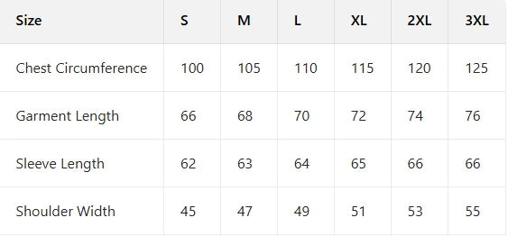 Table displaying size chart for chest circumference, garment length, sleeve length, and shoulder width.
