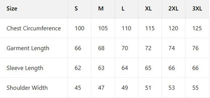 Table displaying size chart for chest circumference, garment length, sleeve length, and shoulder width.