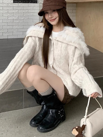 Women's Knit Cardigan With Faux Fur Collar Fashion Long Sleeve Single Breasted Sweater Coat Lady 2026 Spring Chic Streetwear