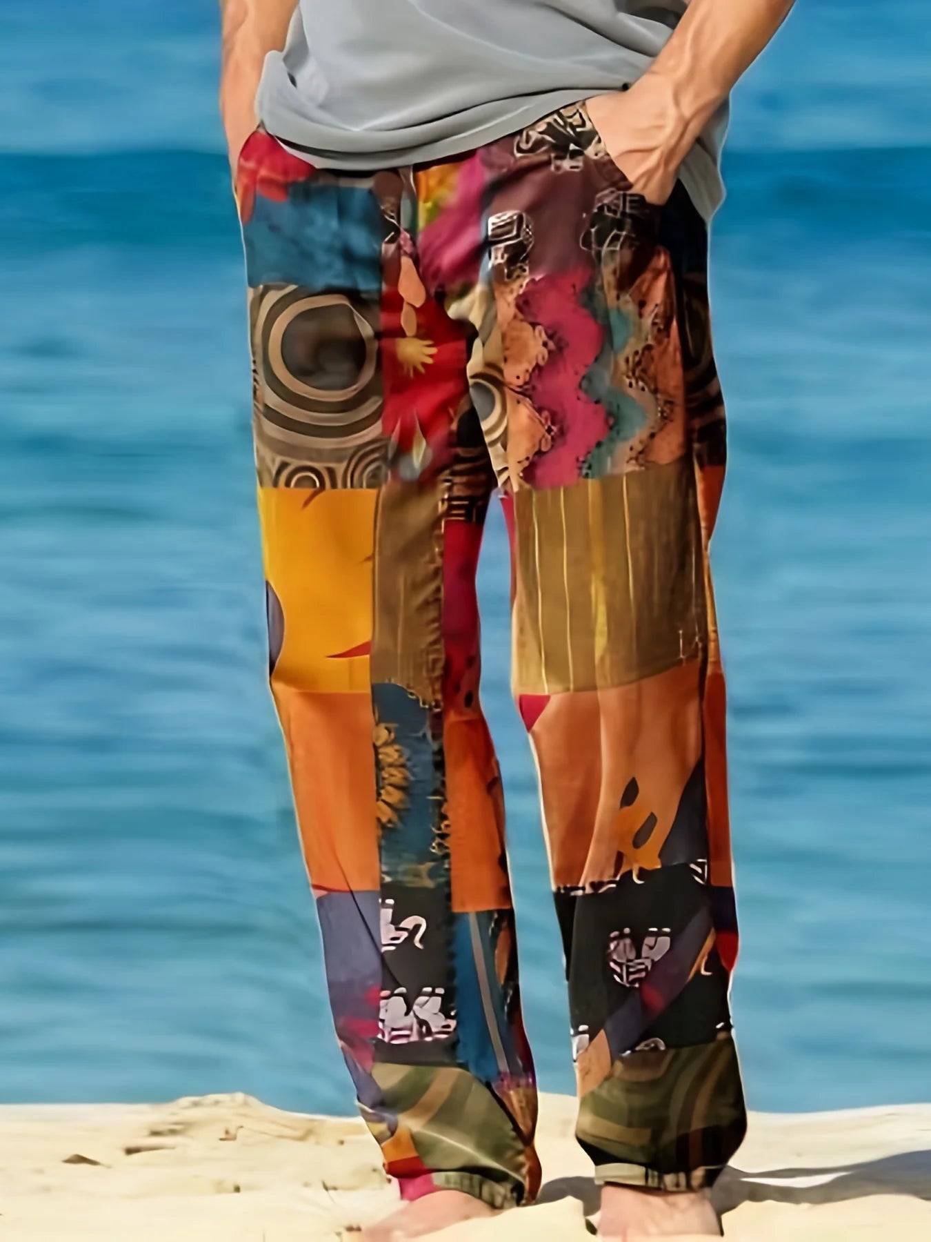 Men's Casual Linen Cotton trousers, Summer Ethnic Printed Beach pants, retro, mid-waist, zippered, Large Size Ropa Hombre