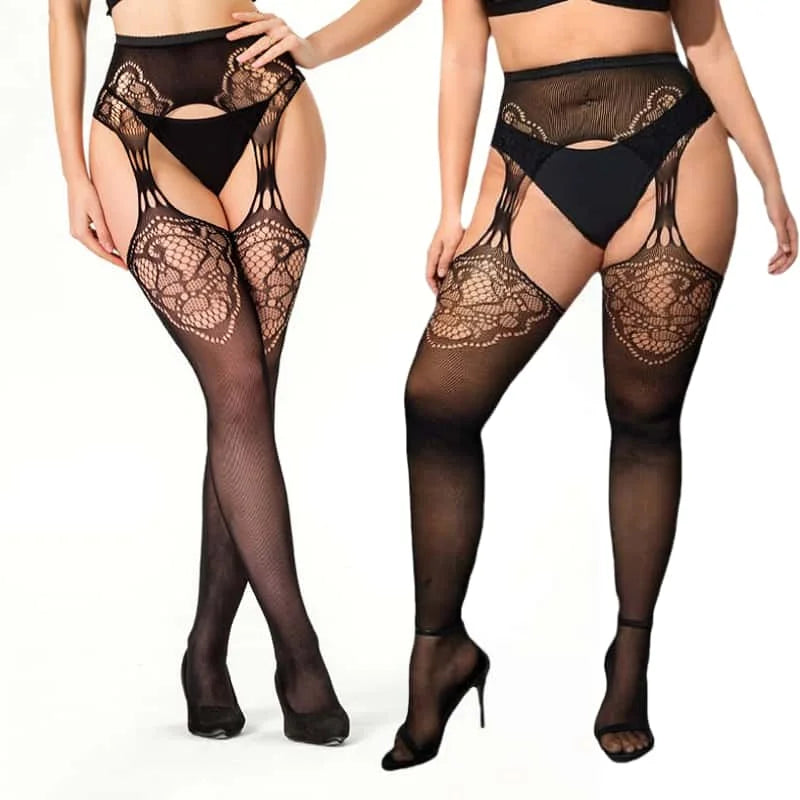 Black lace lingerie set worn by a model on a white background
