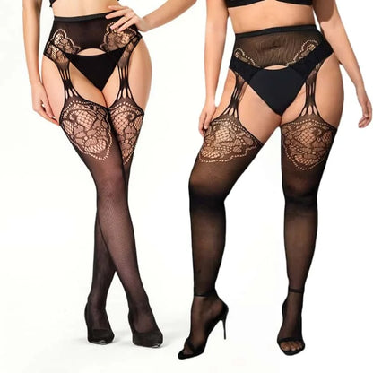 Black lace lingerie set worn by a model on a white background