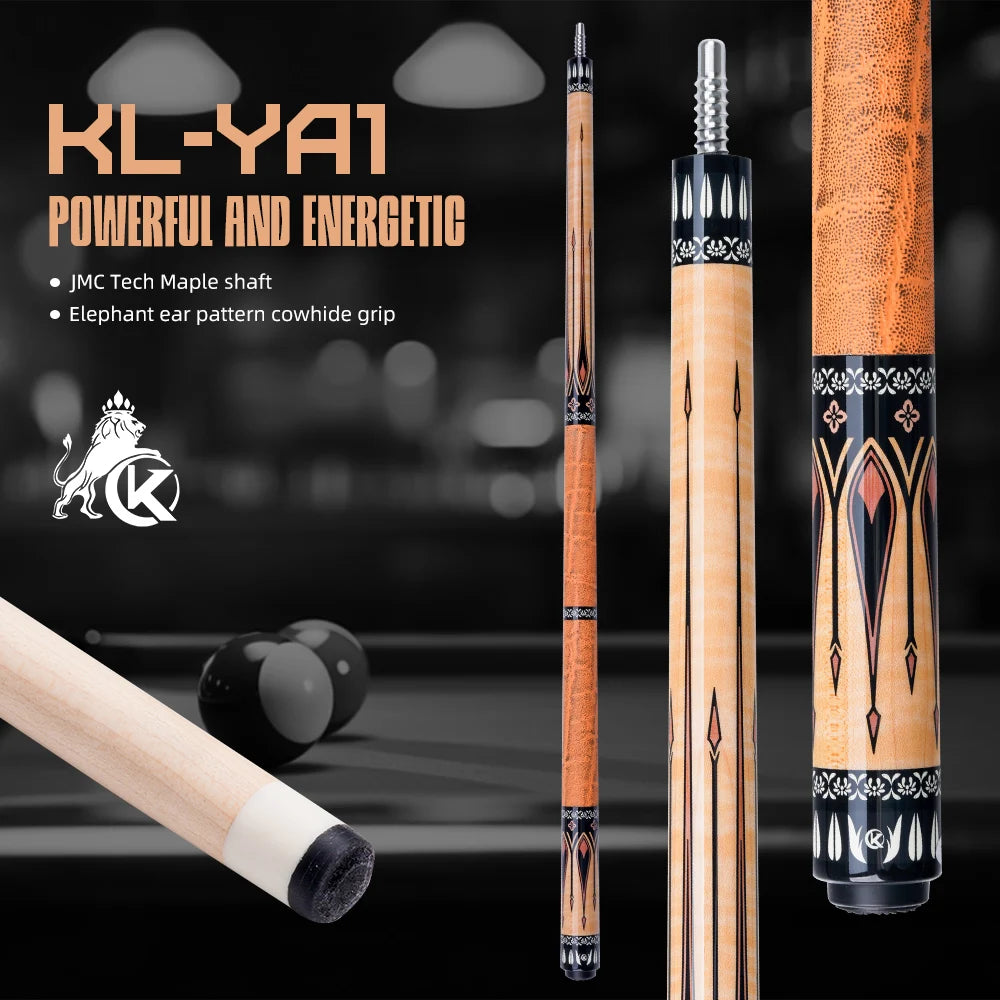 Pool cue with decorative pattern and text about features on a black background