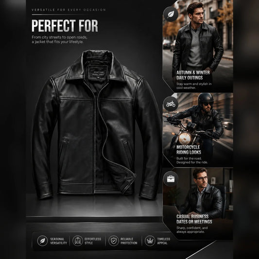Black leather jacket displayed with lifestyle images and text on a dark background