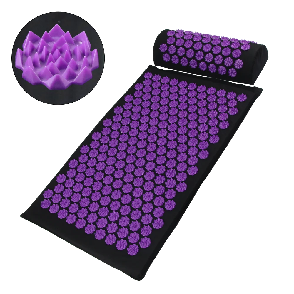 Acupressure mat and pillow with purple acupressure nodes on a white background