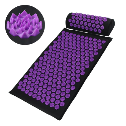 Acupressure mat and pillow with purple acupressure nodes on a white background