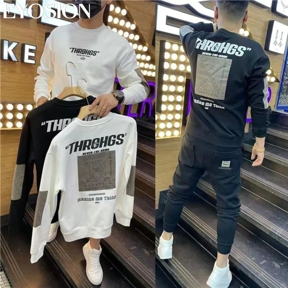 Herbst Herren Sweatshirt Pullover Buchstaben-Druck Rundhals Slim Fit Verdicken Hoodie Langarm Freizeit Sweatshirt Herren Oberteile