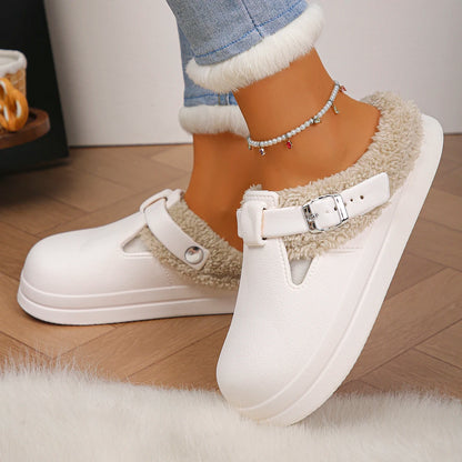 Waterproof Eva Furry Mules Slippers Women 2025 Winter Metal Buckle Warm Plush Slippers Soft Thick Bottom Non Slip Indoor Slides