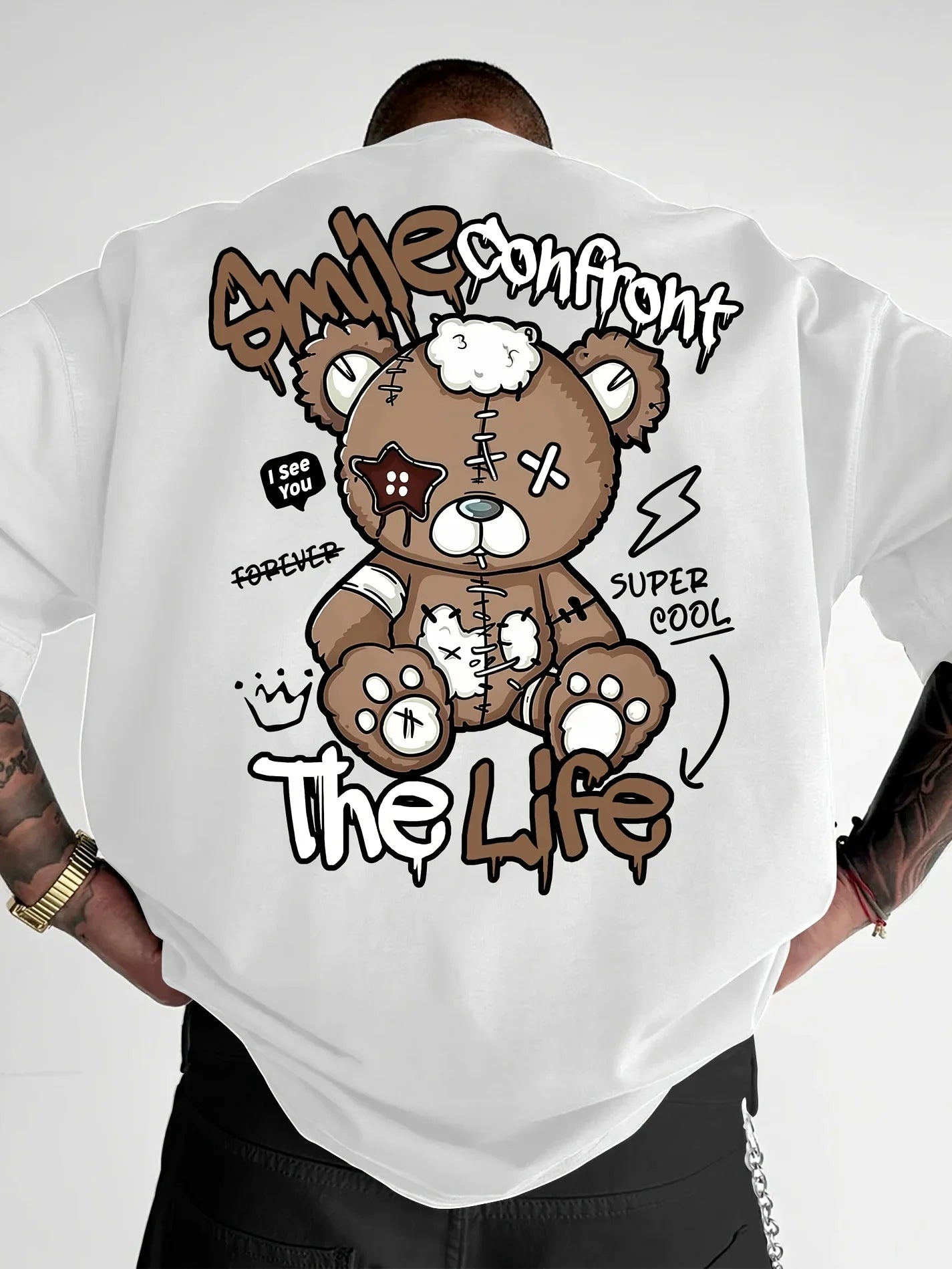Summer's new fashionable men's Teddy bear letter printed comfortable and breathable neck T-shirt with outdoor high street top