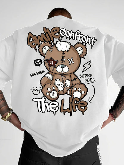 Summer's new fashionable men's Teddy bear letter printed comfortable and breathable neck T-shirt with outdoor high street top