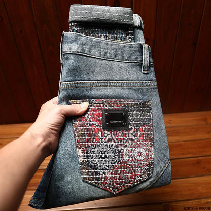 Jeans mit Stickmuster, Herren, modisch, Stretch, Persönlichkeit, elegant, lässig, Retro, Used-Look