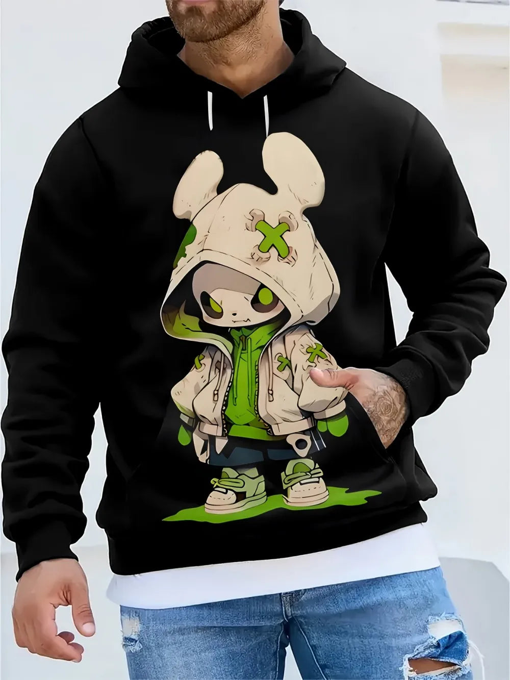2025 autumn/winter men's fashion cartoon character print soft, comfortable, breathable hooded sportswear outdoor urban casual we