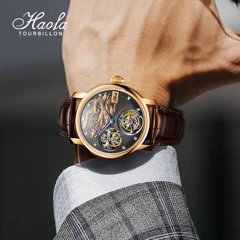 18K Double Tourbillon Watch Diamond Hour Markers Mechanical Tourbillon High Quality Watches