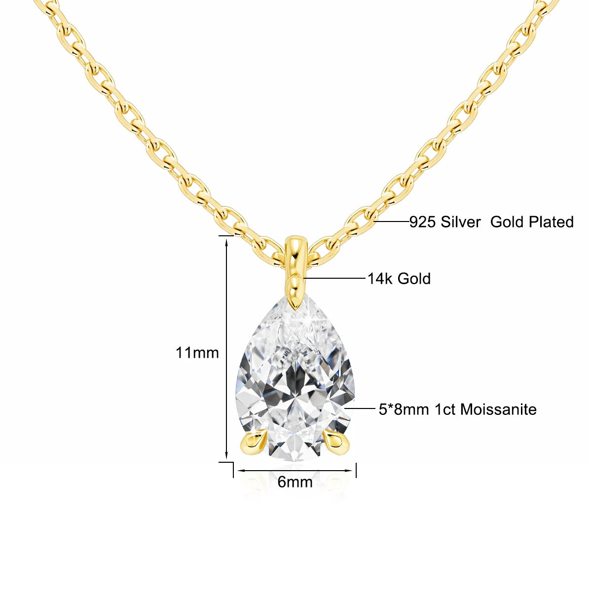 Gold necklace with a teardrop-shaped gemstone, showing material details and dimensions.