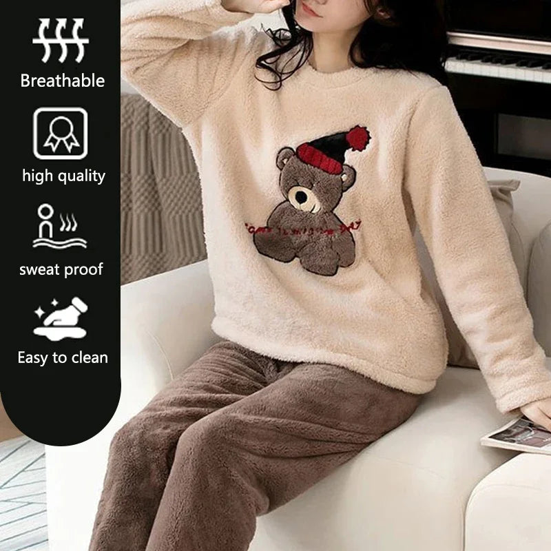 Thickened Warm Large Size Padded Fall and Winter Women's Pajamas Top and Pants Set Coral Velvet Ladies Cartoon Bear 2PCS/Set
