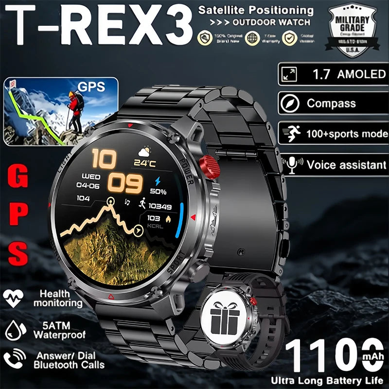 2026 New Military Outdoor Smart Watch Men GPS Compass Altimeter 5ATM Waterproof 1100mAh Battery Bluetooth Call Tactical Sports