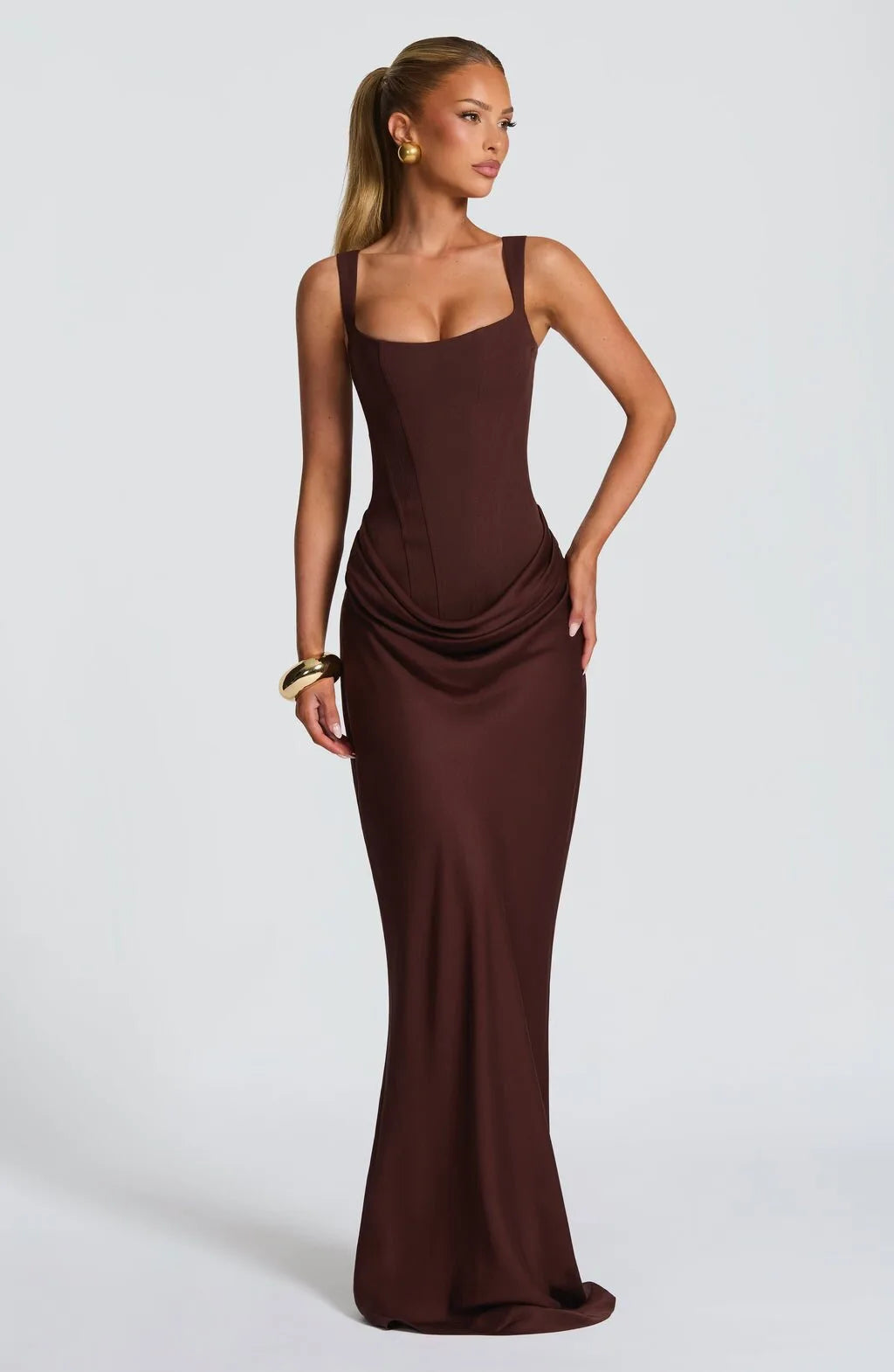 Brown Off-Shoulder Pleated Banquet Dress