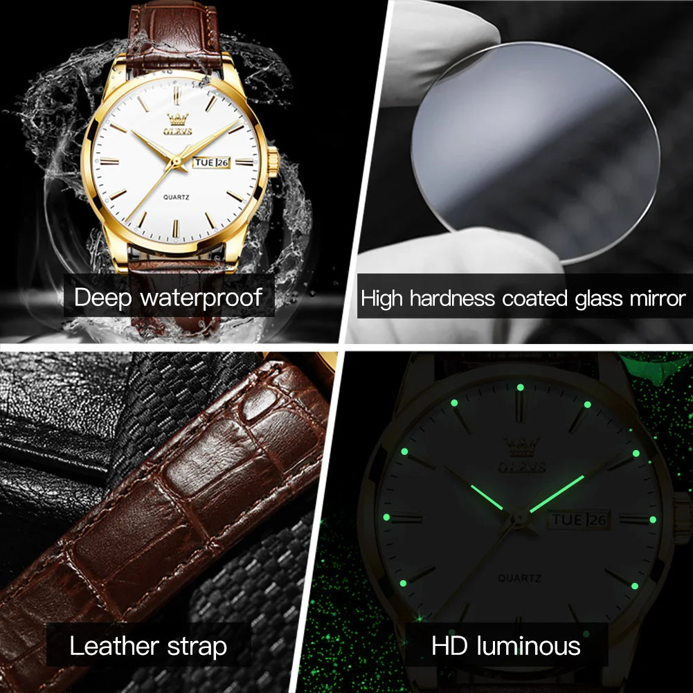 Collage of a watch with features highlighted, including deep waterproof, high hardness glass mirror, leather strap, and HD luminous.