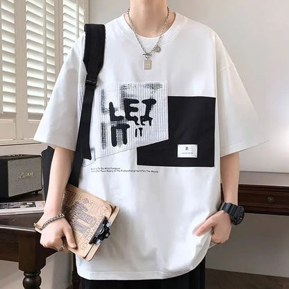 Men's Retro Patchwork T-Shirt  Neck Loose Tshirt