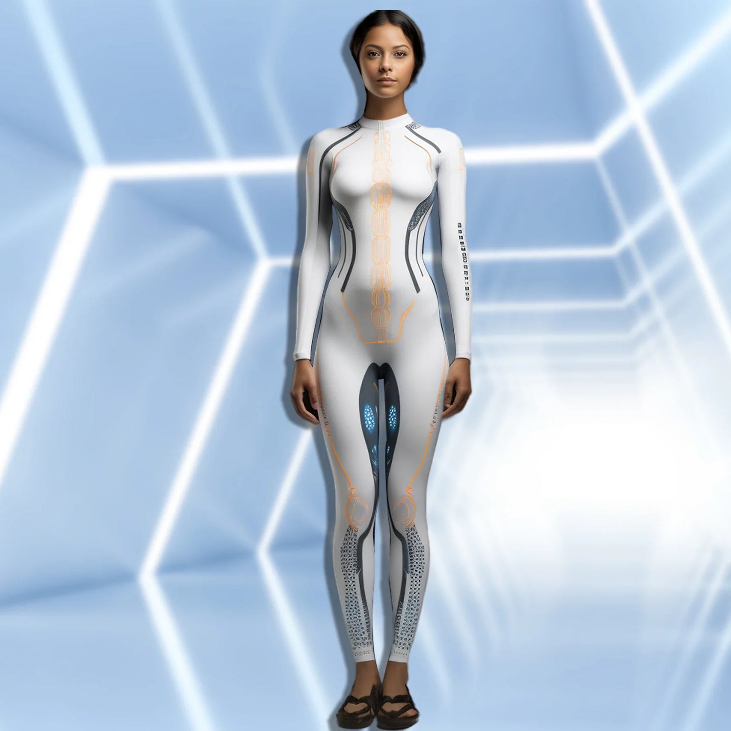 Mechanical Robot Print Cosplay Costume Women Sexy Onesie Futuristic Slim Jumpsuit Halloween Elastic Bodysuit Front Zipper Romper