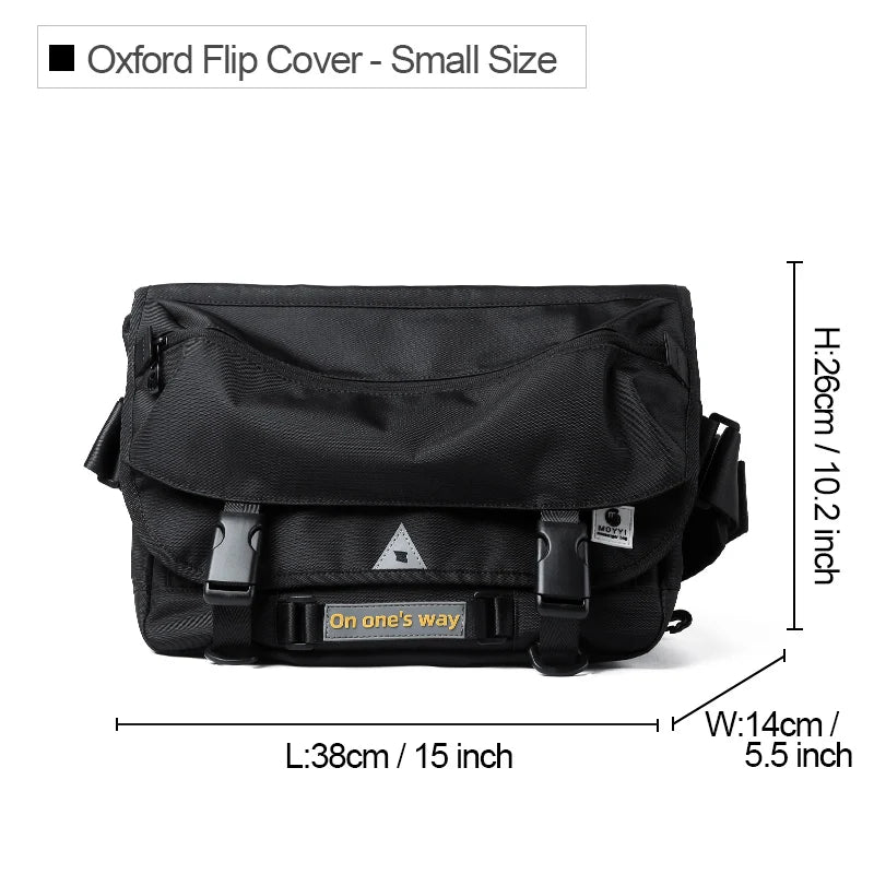 Black Oxford flip cover with dimensions on a white background