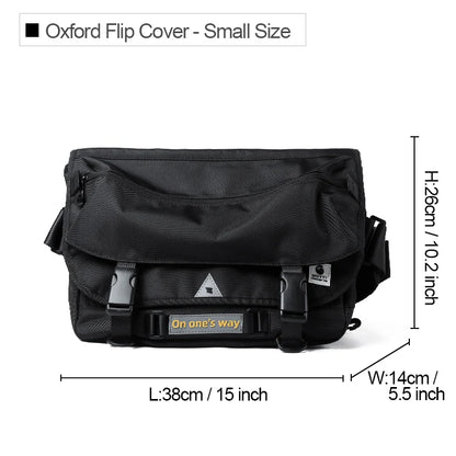 Black Oxford flip cover with dimensions on a white background