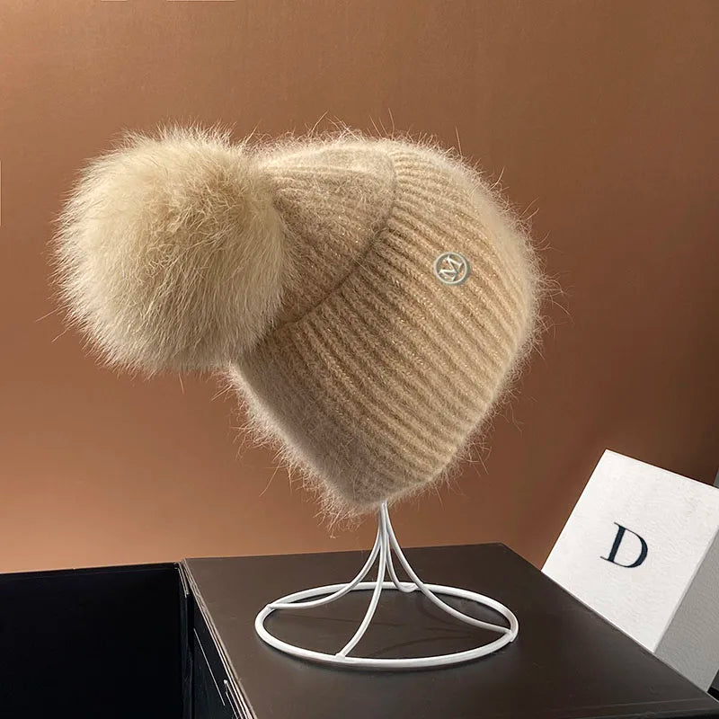 Echte Fuchspelz-Bommelmützen für Damen Winter Outdoor Warme Strickmützen Mode M-Buchstabe Kaninchen gestrickt Dicke Mütze Weihnachten
