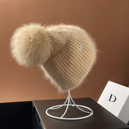 Echte Fuchspelz-Bommelmützen für Damen Winter Outdoor Warme Strickmützen Mode M-Buchstabe Kaninchen gestrickt Dicke Mütze Weihnachten
