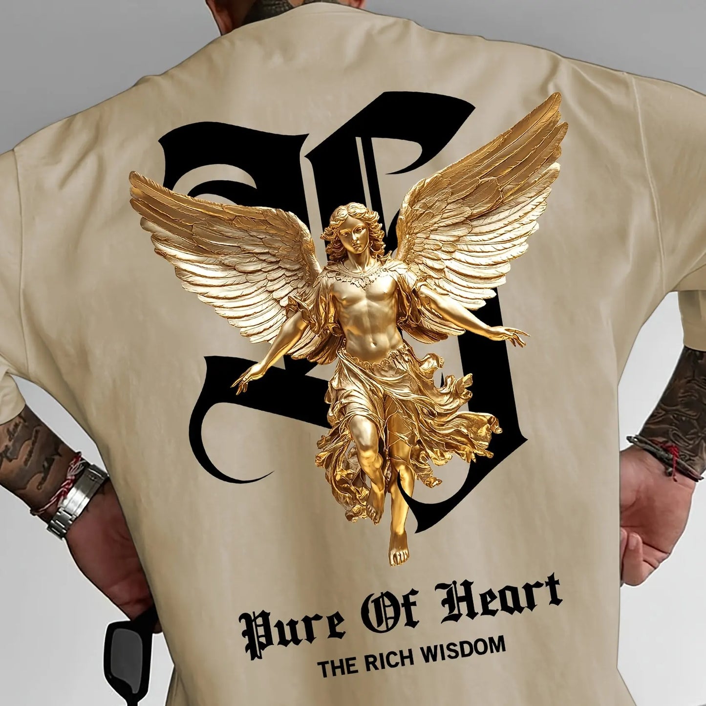 Men's summer 100% pure cotton fashionable casual sports loose angel pattern letter print round neck short sleeved T-shirt top