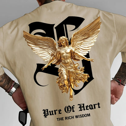 Men's summer 100% pure cotton fashionable casual sports loose angel pattern letter print round neck short sleeved T-shirt top