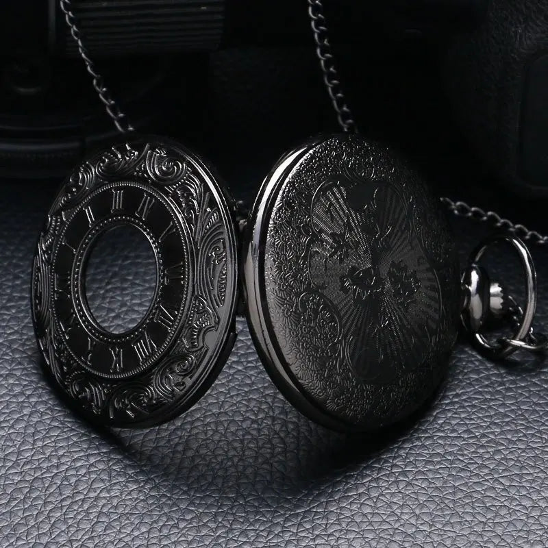 Vintage Charme Schwarz Unisex Mode Römische Ziffer Quarz Steampunk Taschenuhr Damen Herren Halskette Anhänger mit Kette Geschenke P427