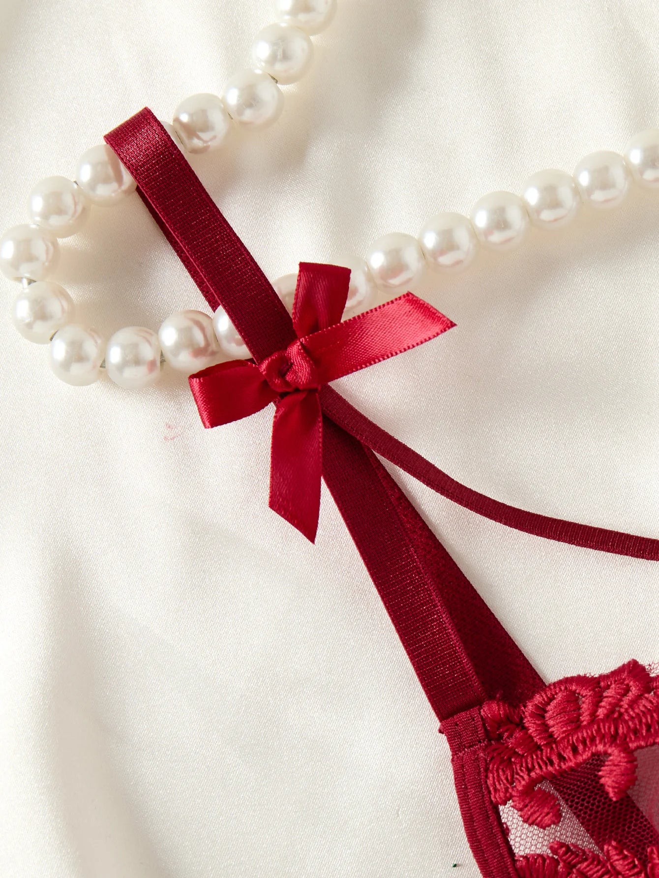 Ladies' wine red countryside style wheat ear embroidery semi transparent nightgown, elegant and comfortable, bow design ZA825066