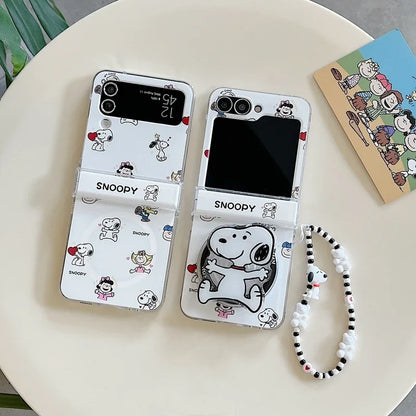 Cute Cartoon Snoopy Charlie Brown Magnetic Holder Wireless Charge Phone Case For Samsung Galaxy Z Flip 7 6 5 4 3 Hard TPU Cover