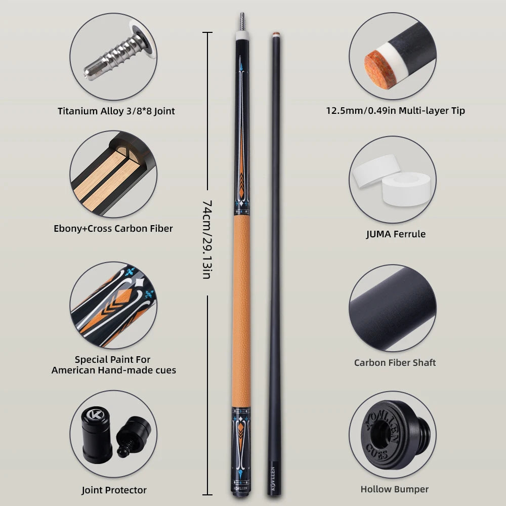 Billiard cue with detailed specifications on a light gray background