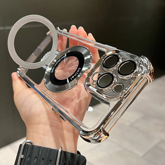 Clear phone case with camera module protection held by a hand