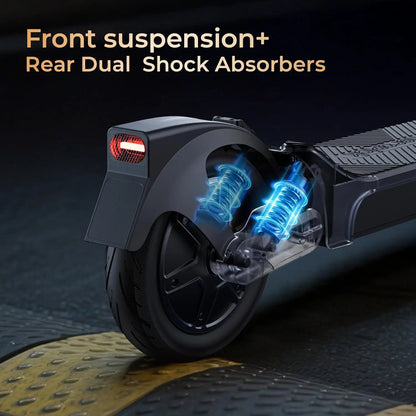 Close-up of a scooter's suspension system with text highlighting features on a dark background.