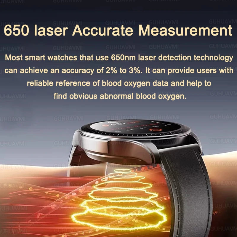Smartwatch with 650 laser accurate measurement text on a dark background