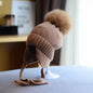 Große Pelzige Fuchs Fellball Kinder Ohrenschutz Mütze Mädchen Winter Dick Warm Plüsch Strickmütze Anti-Kälte Mütze Gorros Invierno 4m807