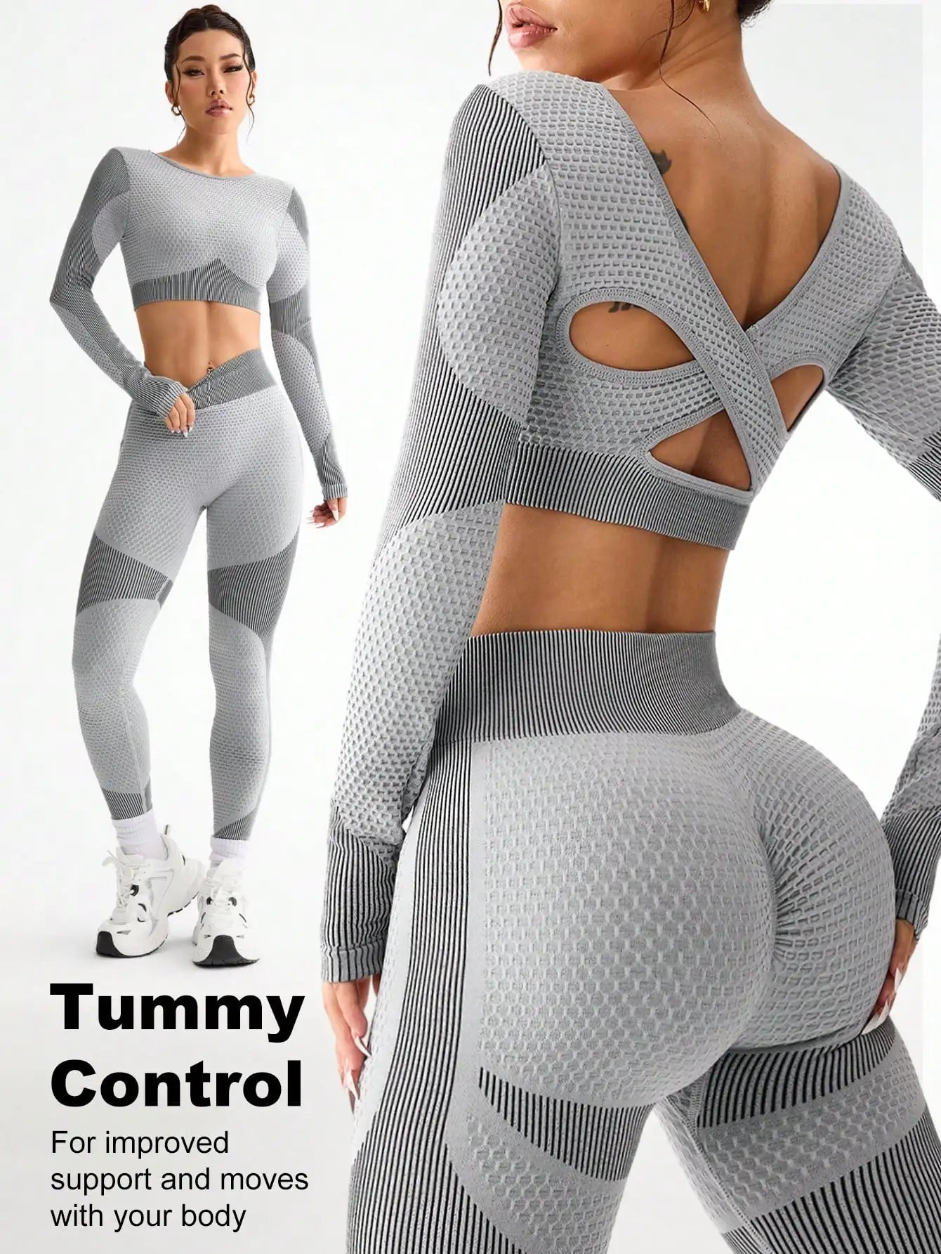Gray athletic outfit with tummy control features on a white background