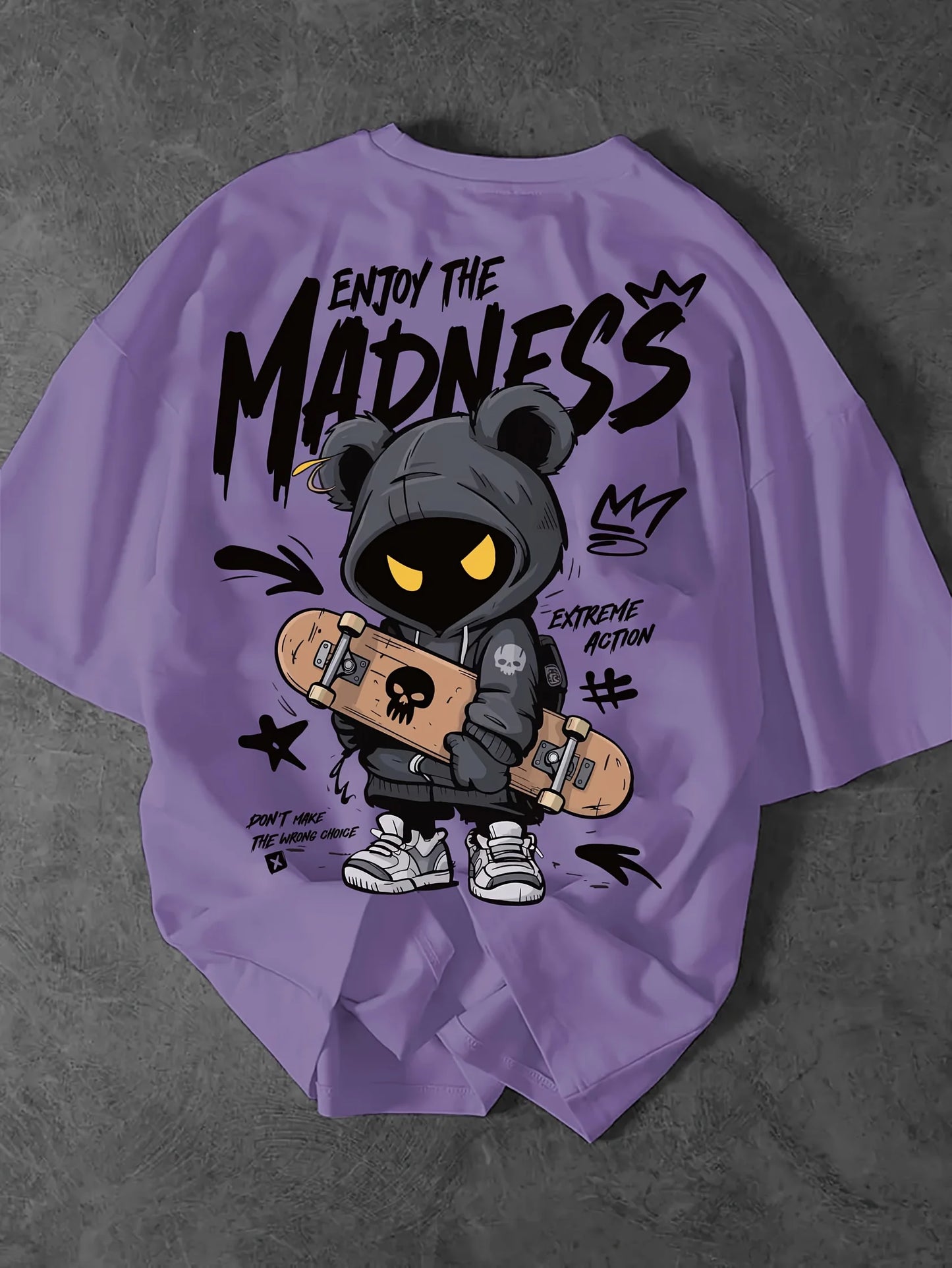 Purple t-shirt with a graphic design of a bear holding a skateboard and text on a gray background