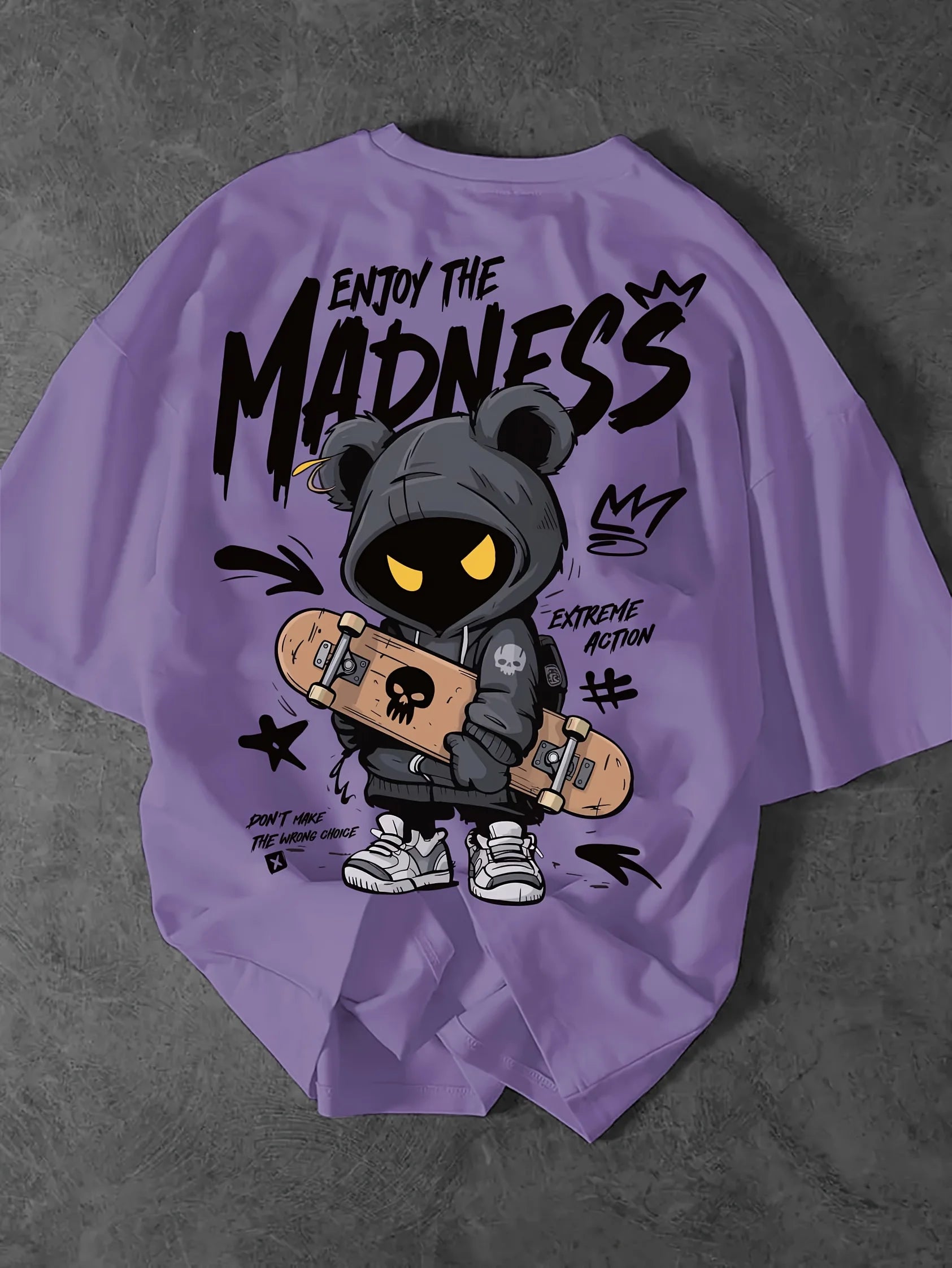 Purple t-shirt with a graphic design of a bear holding a skateboard and text on a gray background