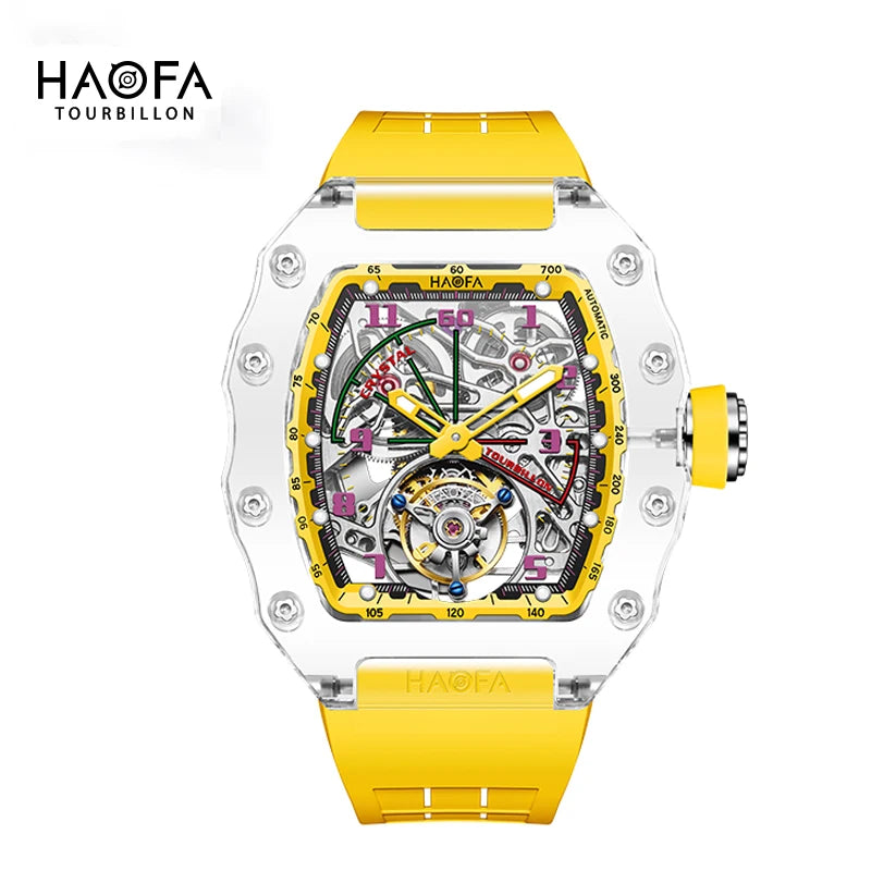 Haofa Tourbillon Crystal Transparent Hollowing Waterproof Luminous Automatic Mechanical Watches