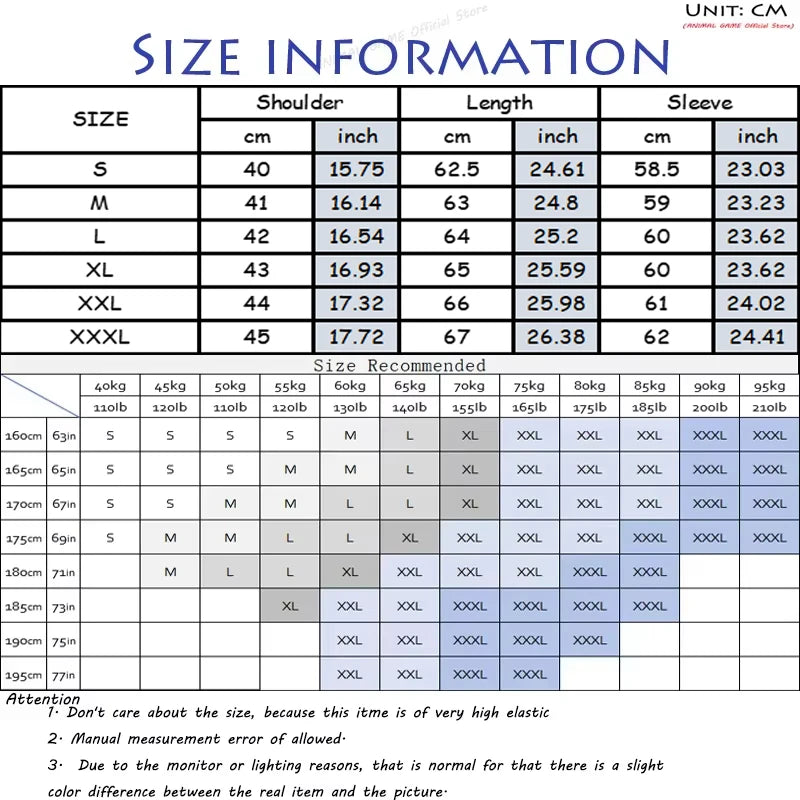 Size chart for clothing with measurements in centimeters and inches.