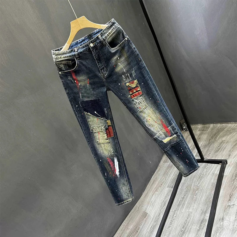 Designer Slim Fit Jeans Spring Brand Washed Patchwork Casual Long Pants Cotton Stretch Denim